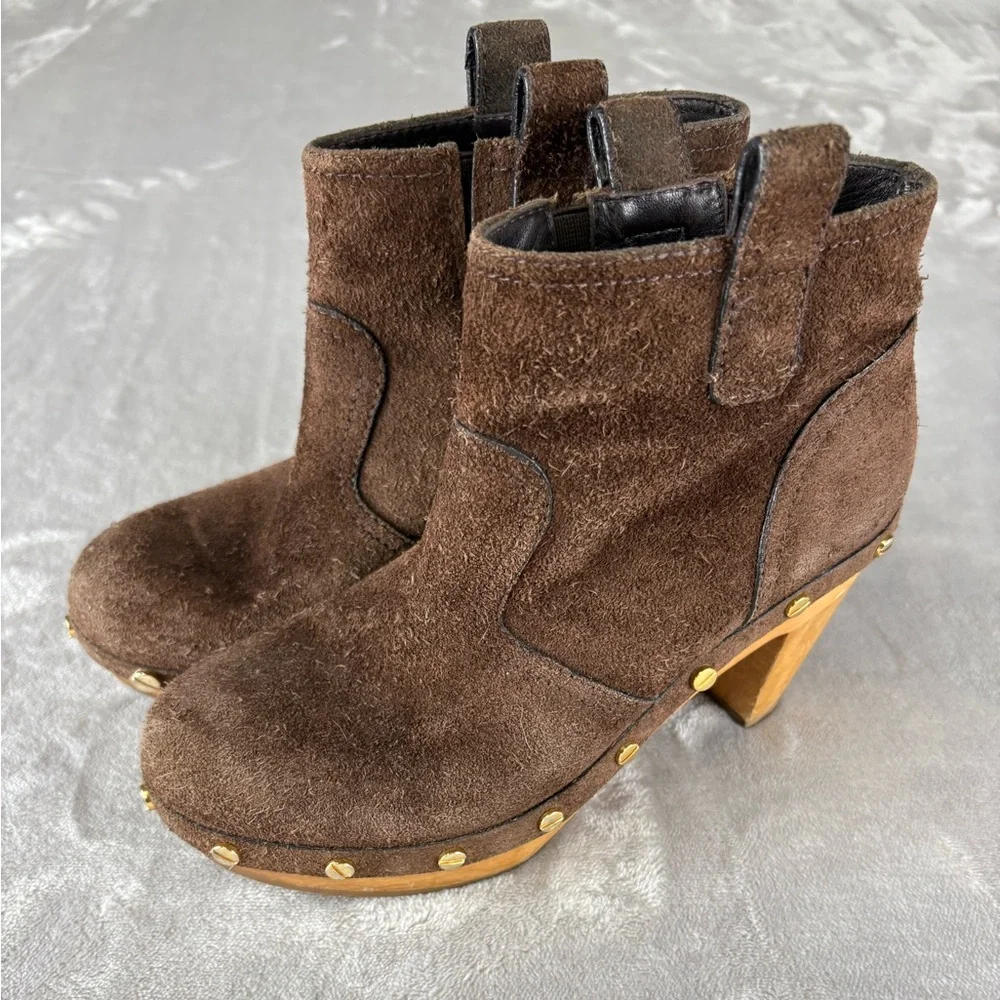 Tory Burch Suede Clog Ankle Boots Brown Wooden Heel Studded‎ Size 6 Women’s